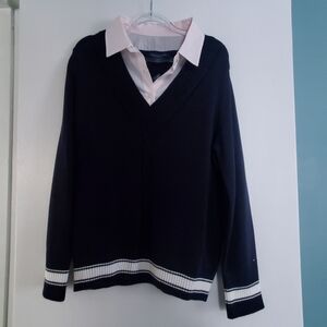 NWT TOMMY HILFIGER VARSITY TWOFER NAVY BLUE PINK STRIPE SWEATER WOMEN'S L